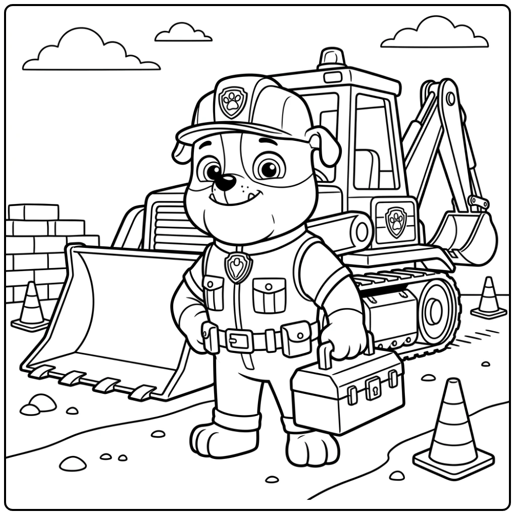 kleurplaat paw patrol rubble: Rubble met gereedschapskist bij bulldozer