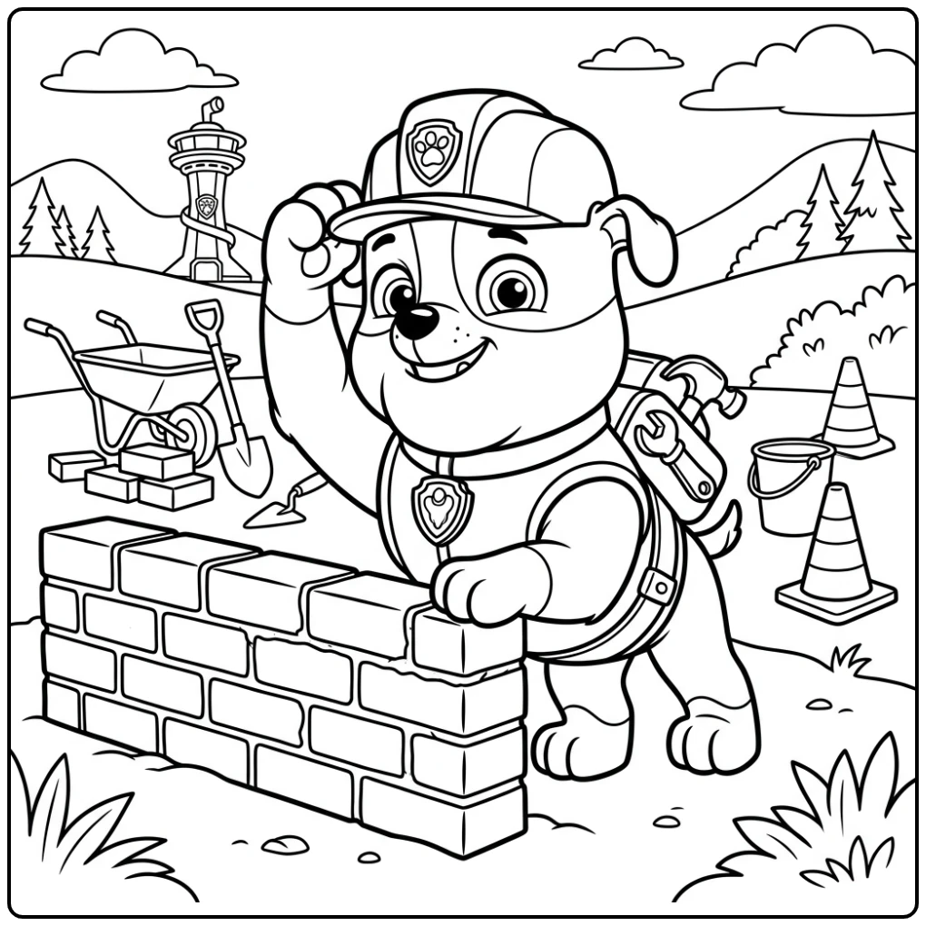 Rubble past trots zijn helm aan naast een muurtje, kleurplaat paw patrol rubble.