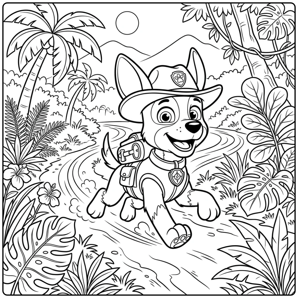 kleurplaat paw patrol tracker: Tracker rent vrolijk door de jungle