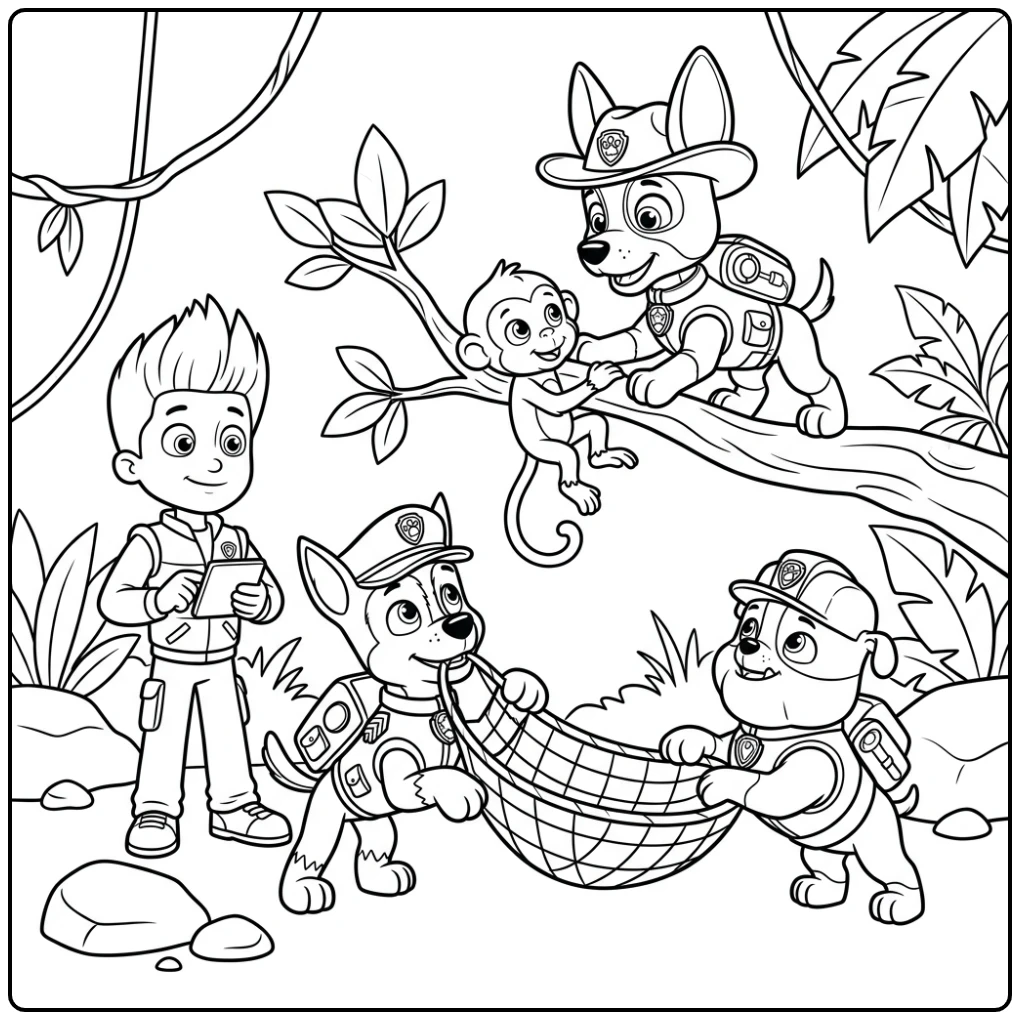 Tracker redt aapje, kleurplaat paw patrol tracker jungle actie