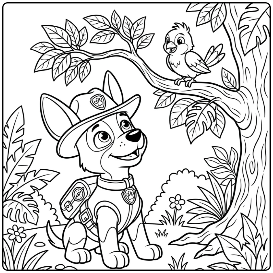 kleurplaat paw patrol tracker met Tracker die naar een vogel kijkt