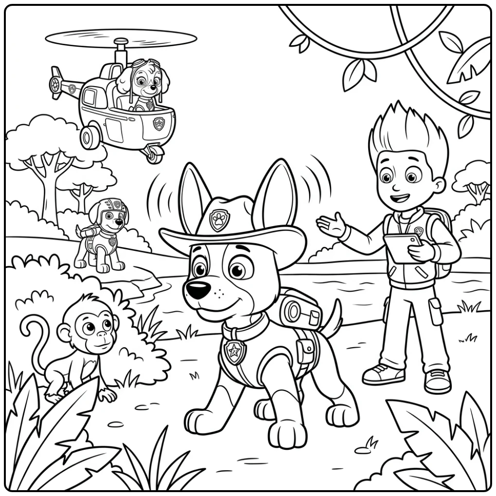 Kleurplaat paw patrol tracker: Tracker zoekt dier met supergehoor.