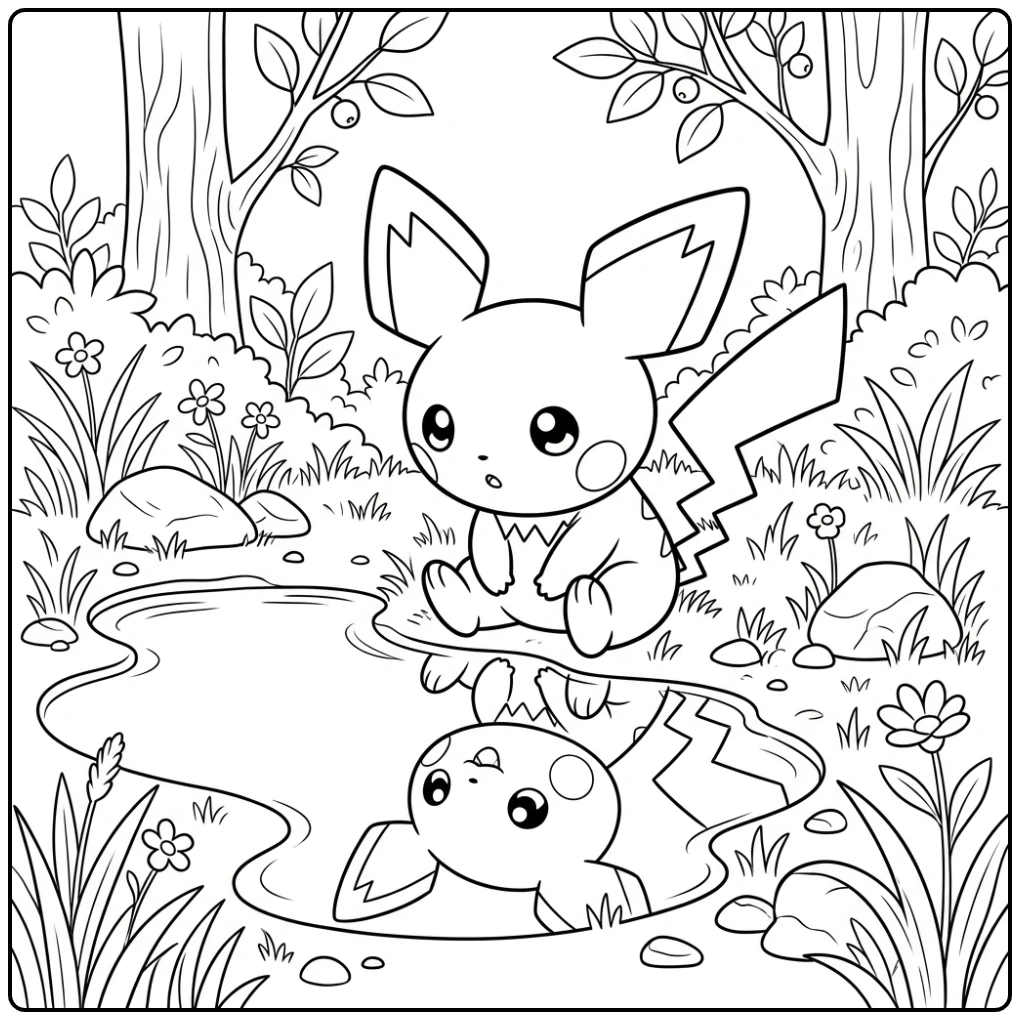 Schattige kleurplaat pichu kijkt naar reflectie in een plas.