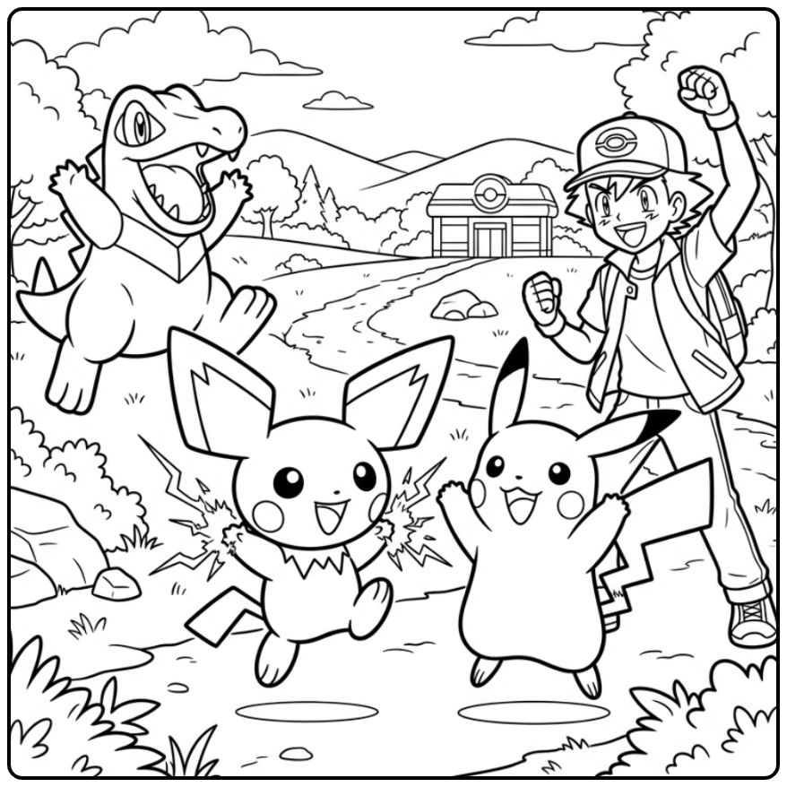 Leuke kleurplaat pichu die elektrische bliksem oefent.