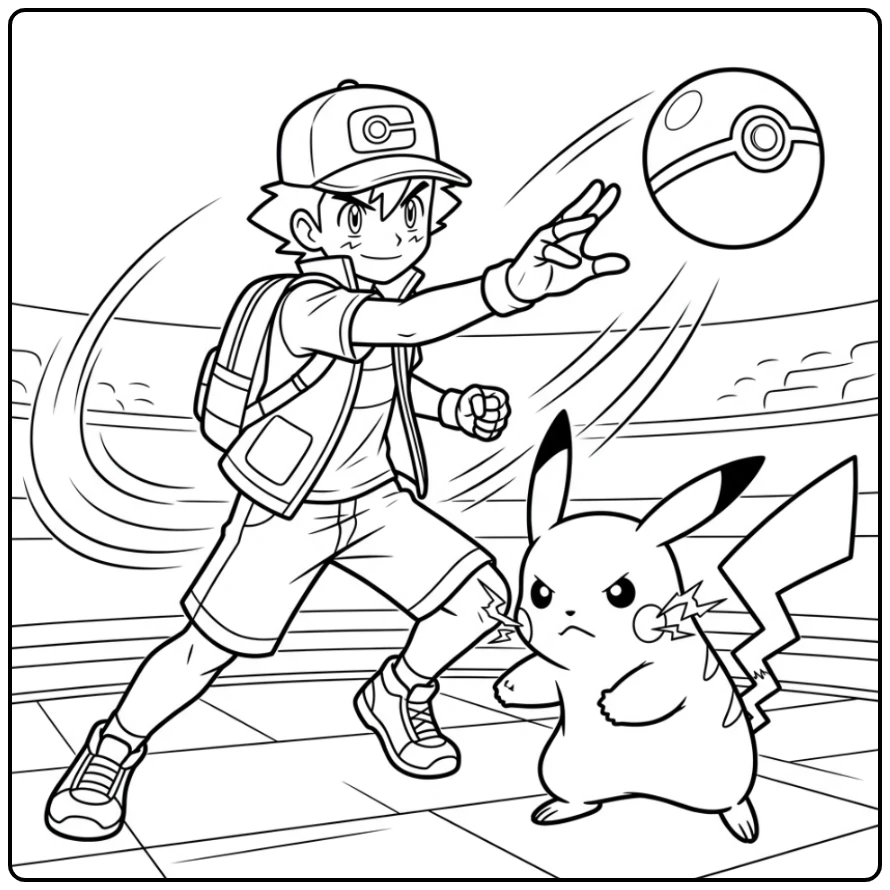 Ash en Pikachu in strijdpositie, kleurplaat pokemon ash actie