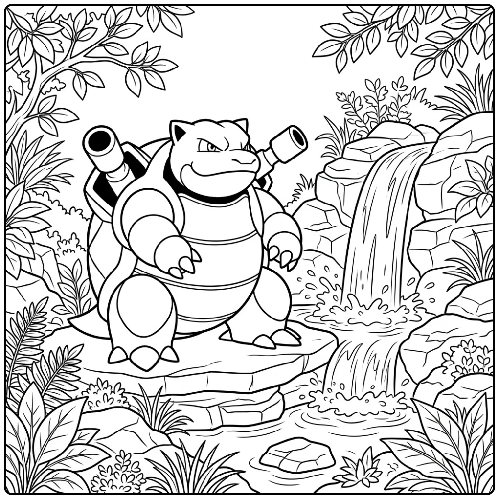 Mooie kleurplaat pokemon blastoise bij een kleine waterval.