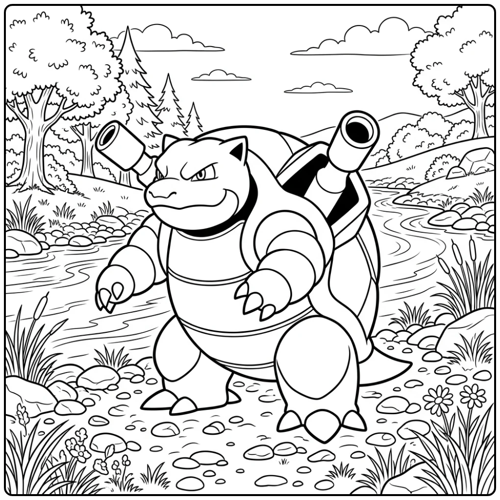 Mooie kleurplaat pokemon blastoise bij een rustige rivier.