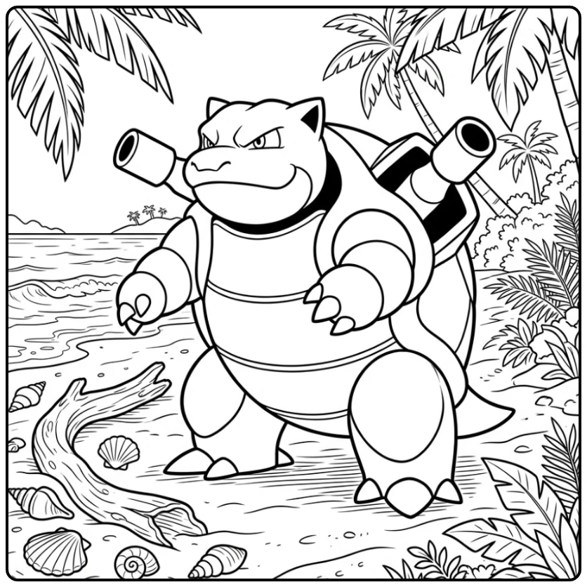 Mooie kleurplaat pokemon blastoise op het strand.