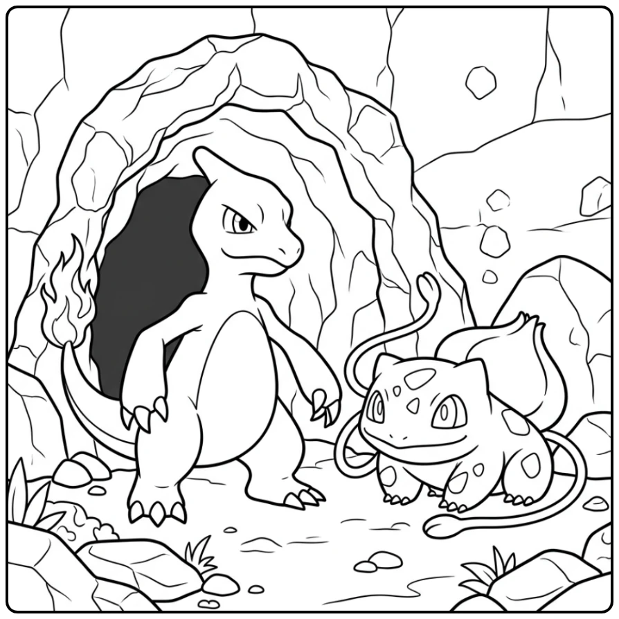Heroïsche kleurplaat pokemon charmeleon: Charmeleon bewaakt de grot.