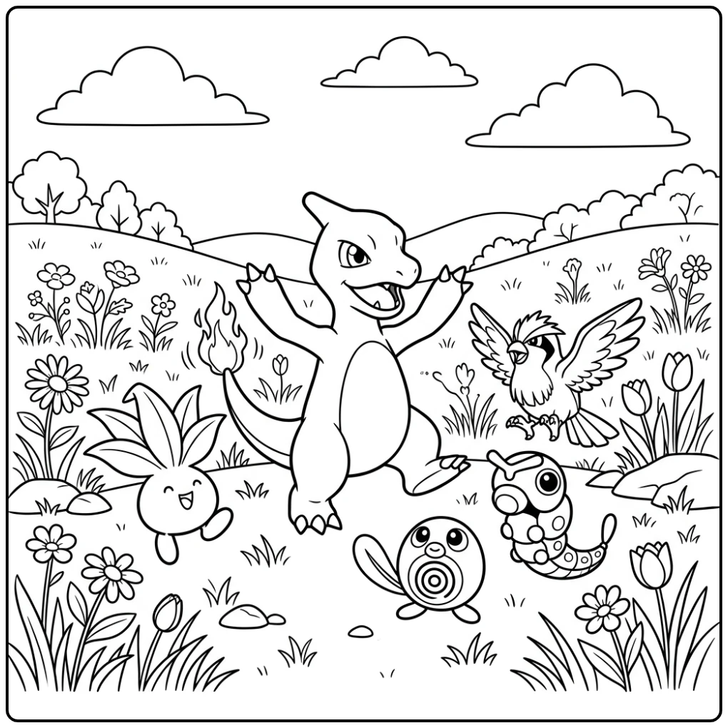 Vrolijke kleurplaat pokemon charmeleon viert feest met kleine Pokémon