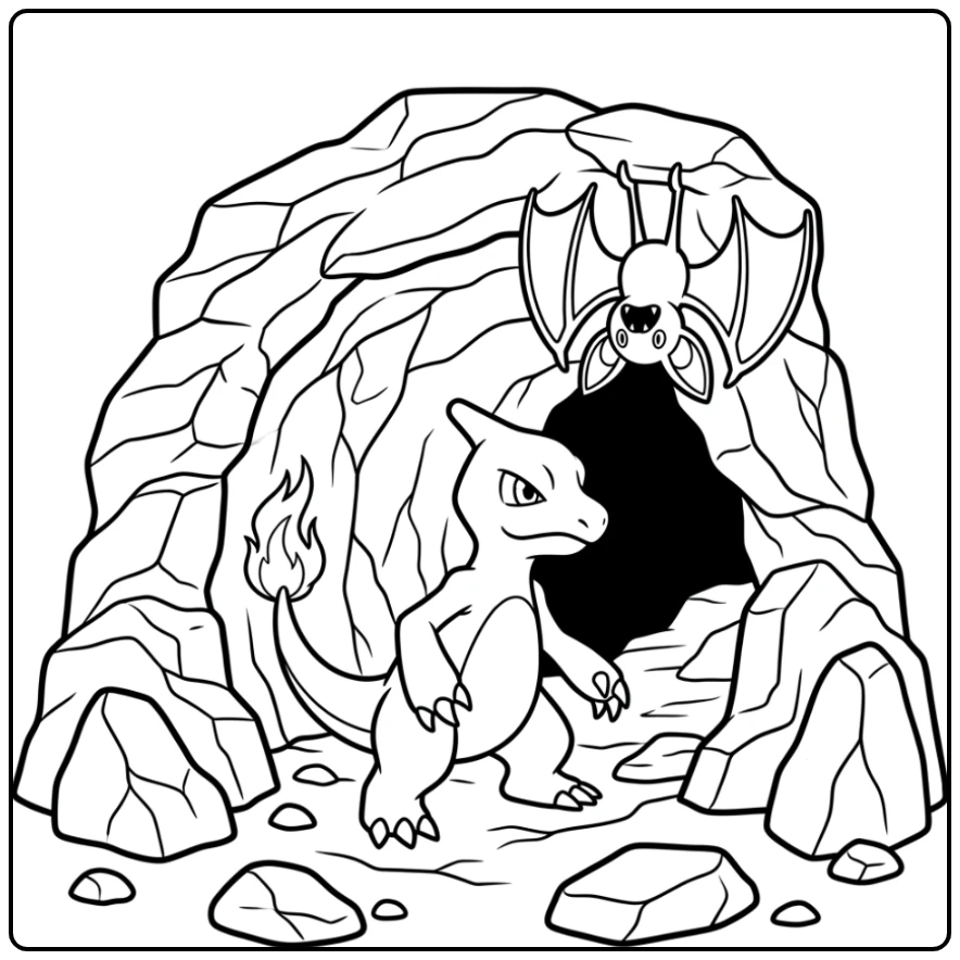 kleurplaat pokemon charmeleon verkent rotsgrot met hangende Zubat