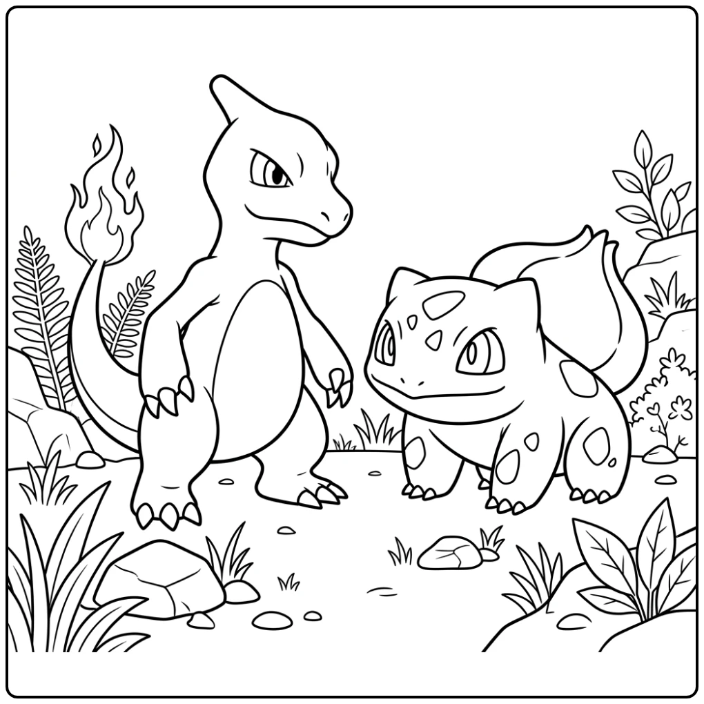 kleurplaat pokemon charmeleon: Charmeleon vs Bulbasaur, rust voor de storm