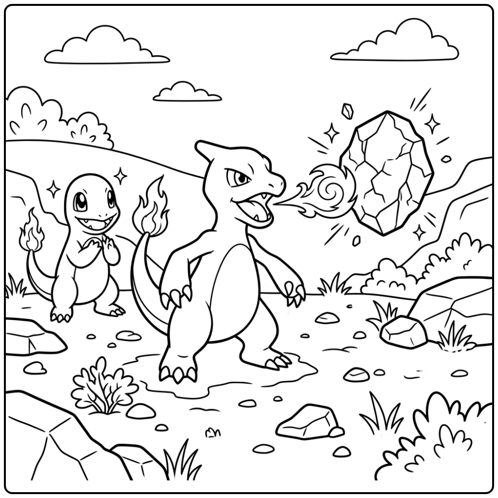 Energetische kleurplaat pokemon charmeleon training met vlam