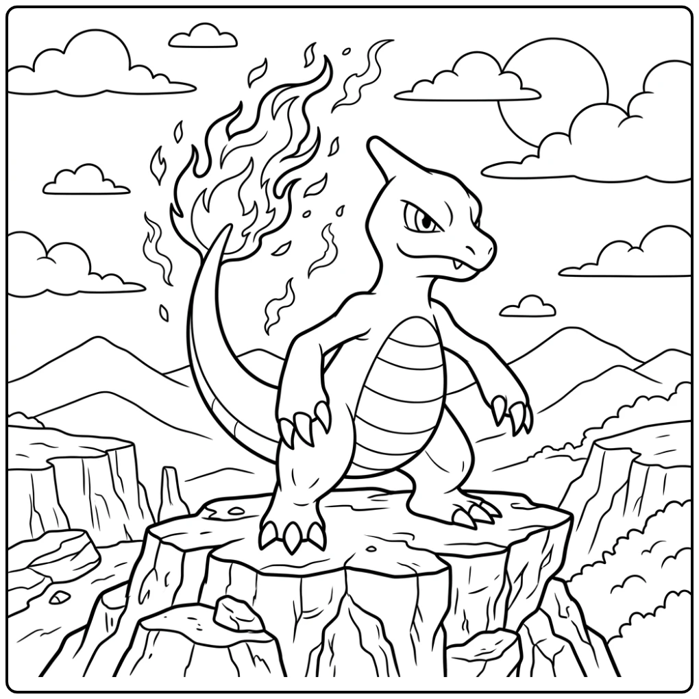 Dynamische kleurplaat pokemon charmeleon op rotsachtige klif met vlammende staart.