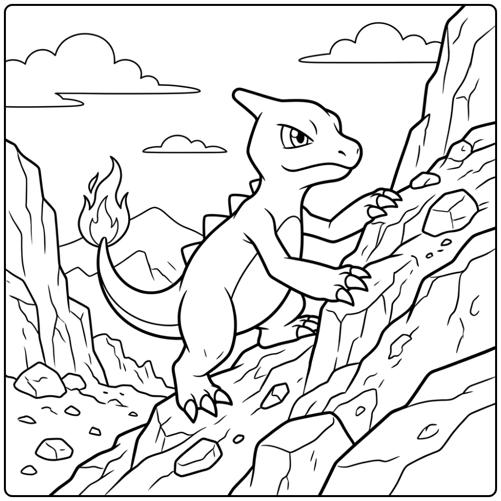 Stoere kleurplaat pokemon charmeleon: Charmeleon beklimt rotsachtige heuvel.