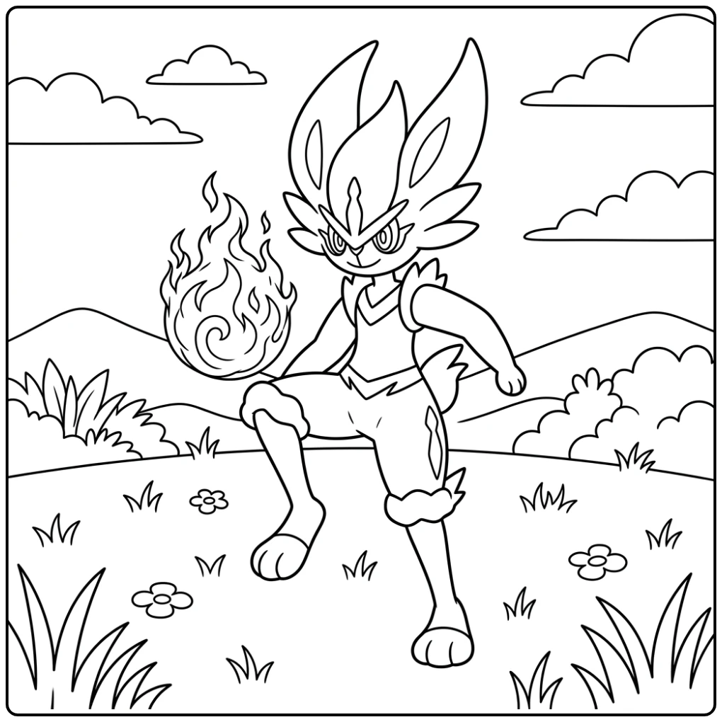 kleurplaat pokemon cinderace: Cinderace oefent met voetbal op gras