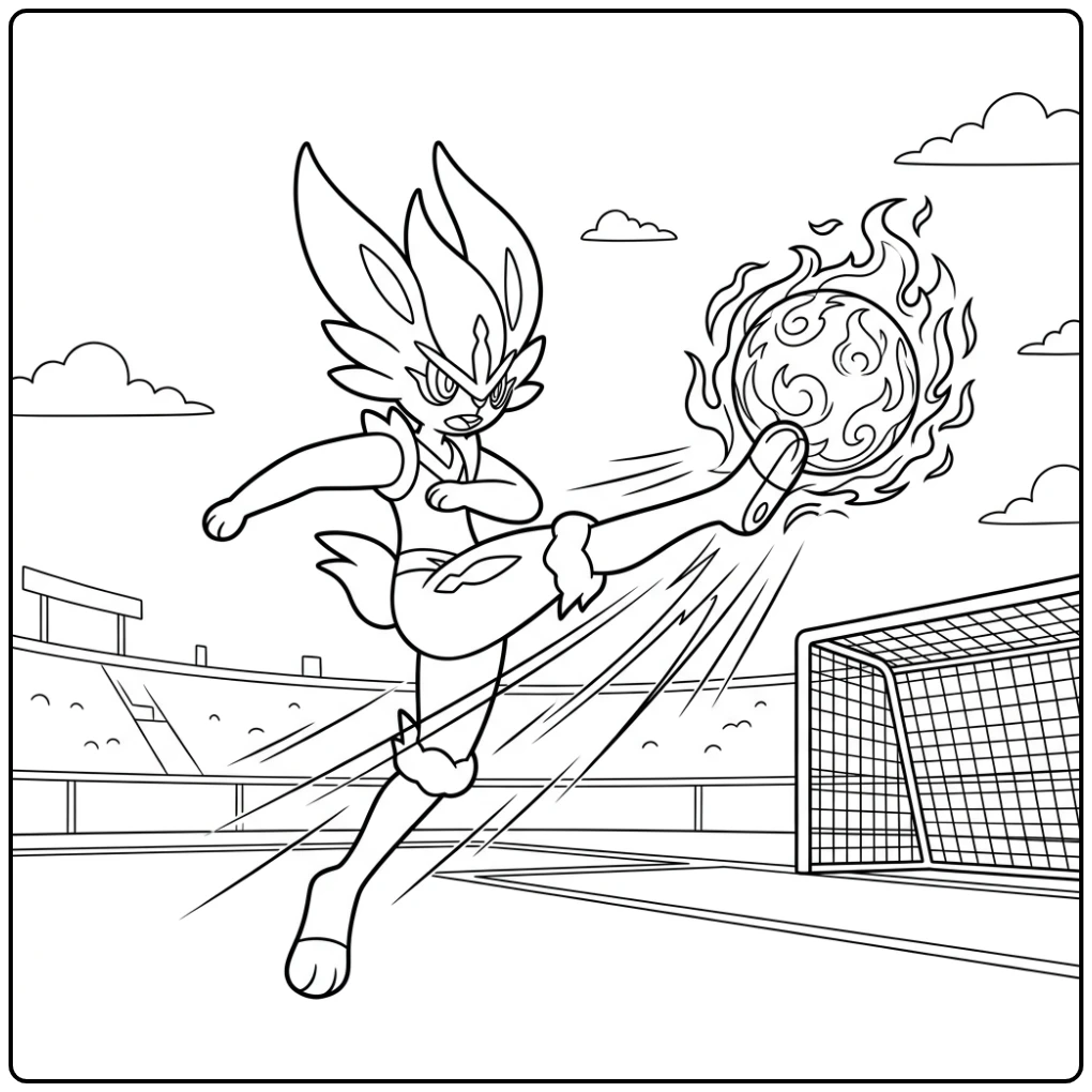 Dynamische kleurplaat pokemon cinderace met vurige trap.