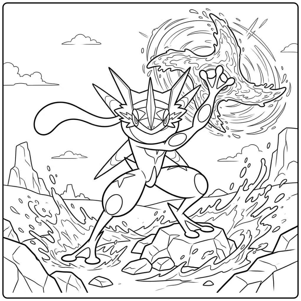 Dynamische kleurplaat pokemon mega greninja water shuriken aanval.