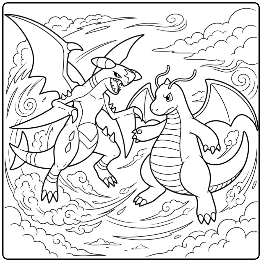 Garchomp vs Dragonite luchtgevecht. Kleurplaat pokemon moeilijk.
