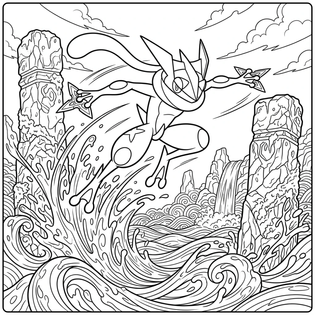 Greninja's dynamische sprong, kleurplaat pokemon moeilijk uitdaging.