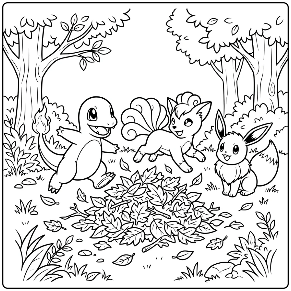 Leuke kleurplaat pokemon schattig: Charmander, Vulpix en Eevee spelen