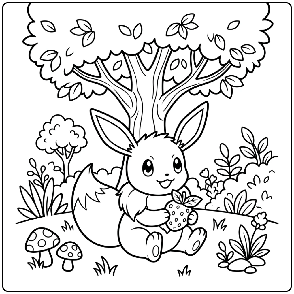 Kleurplaat pokemon schattig: Eevee onder boom met bes en gras.