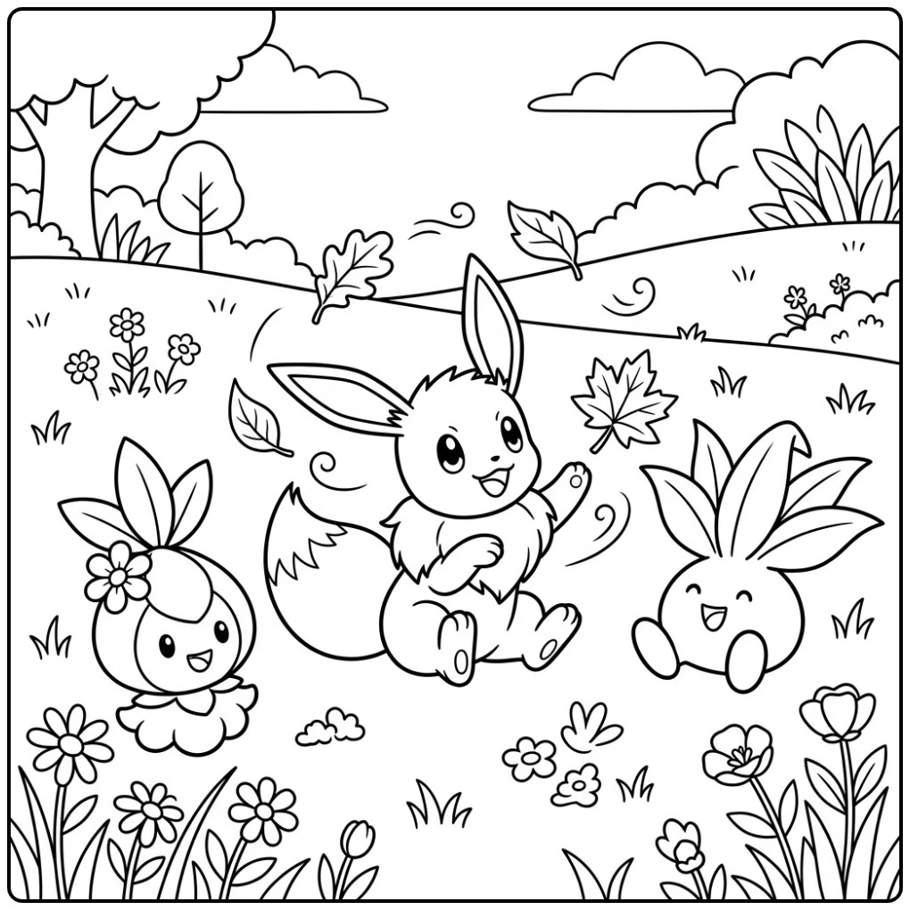 Schattige Eevee, kleurplaat pokemon schattig, speelt met bladeren.