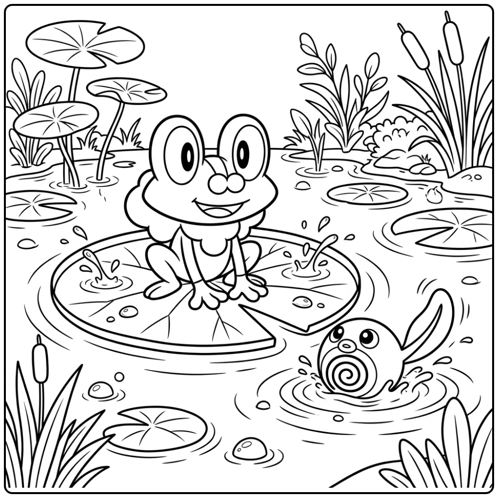 Schattige kleurplaat pokemon: Froakie op waterlelie, Poliwag zwemt dichtbij.