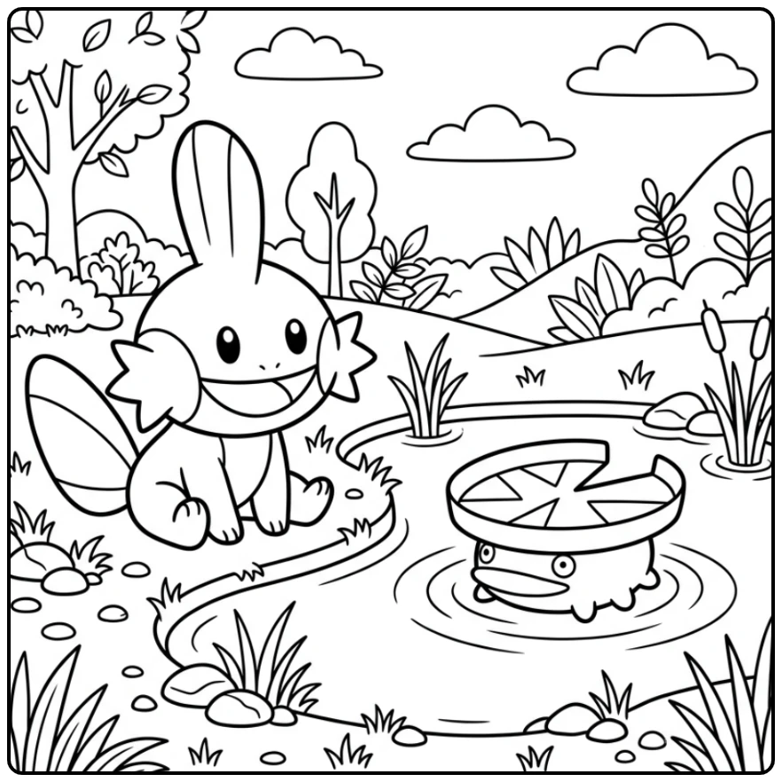 Leuke kleurplaat pokemon schattig met Mudkip en Lotad bij water