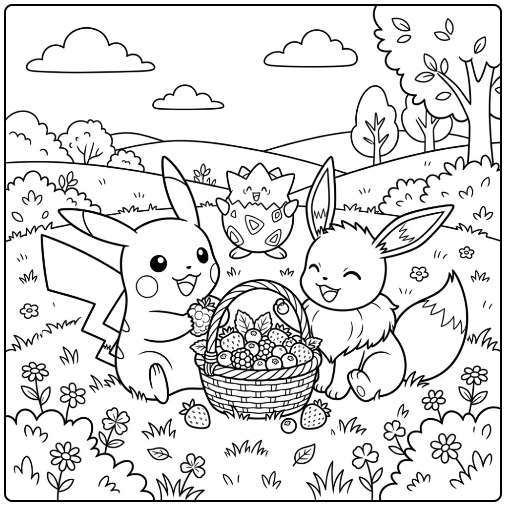 Kleurplaat pokemon schattig: Pikachu deelt bessen met Eevee.