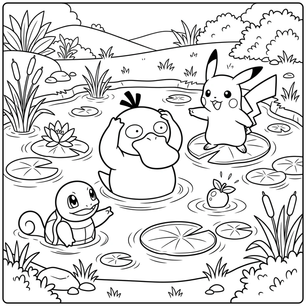 Psyduck, Pikachu, Squirtle zoeken bes; kleurplaat pokemon schattig
