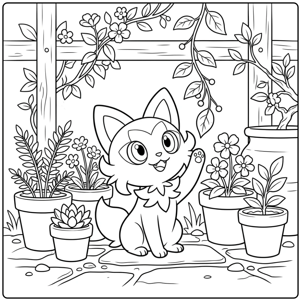 Schattige kleurplaat pokemon schattig Sprigatito bij bloempotten en blad.