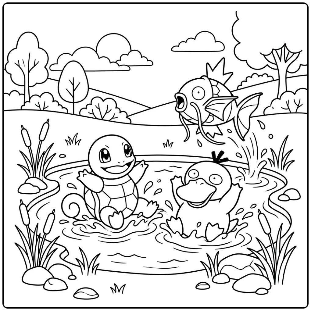 Een vrolijke kleurplaat pokemon schattig met Squirtle en Psyduck in een vijver.