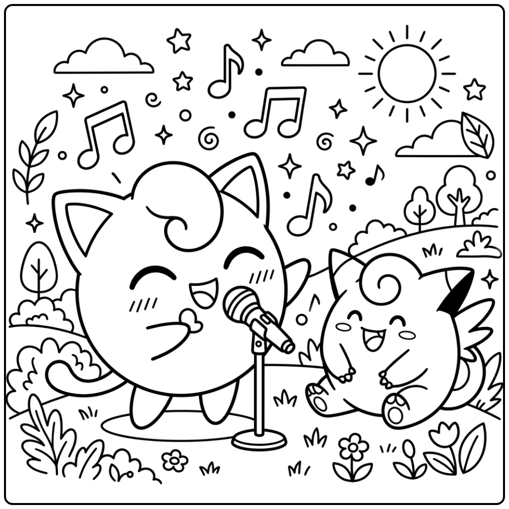 Schattige kleurplaat pokemon schattig met zingende Jigglypuff.