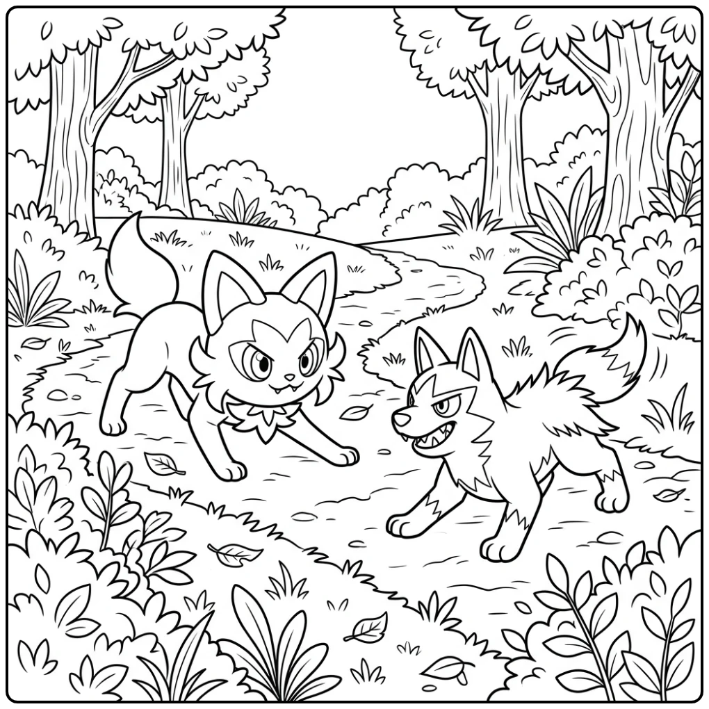 kleurplaat pokemon sprigatito: Sprigatito vecht met ondeugend Poochyena.