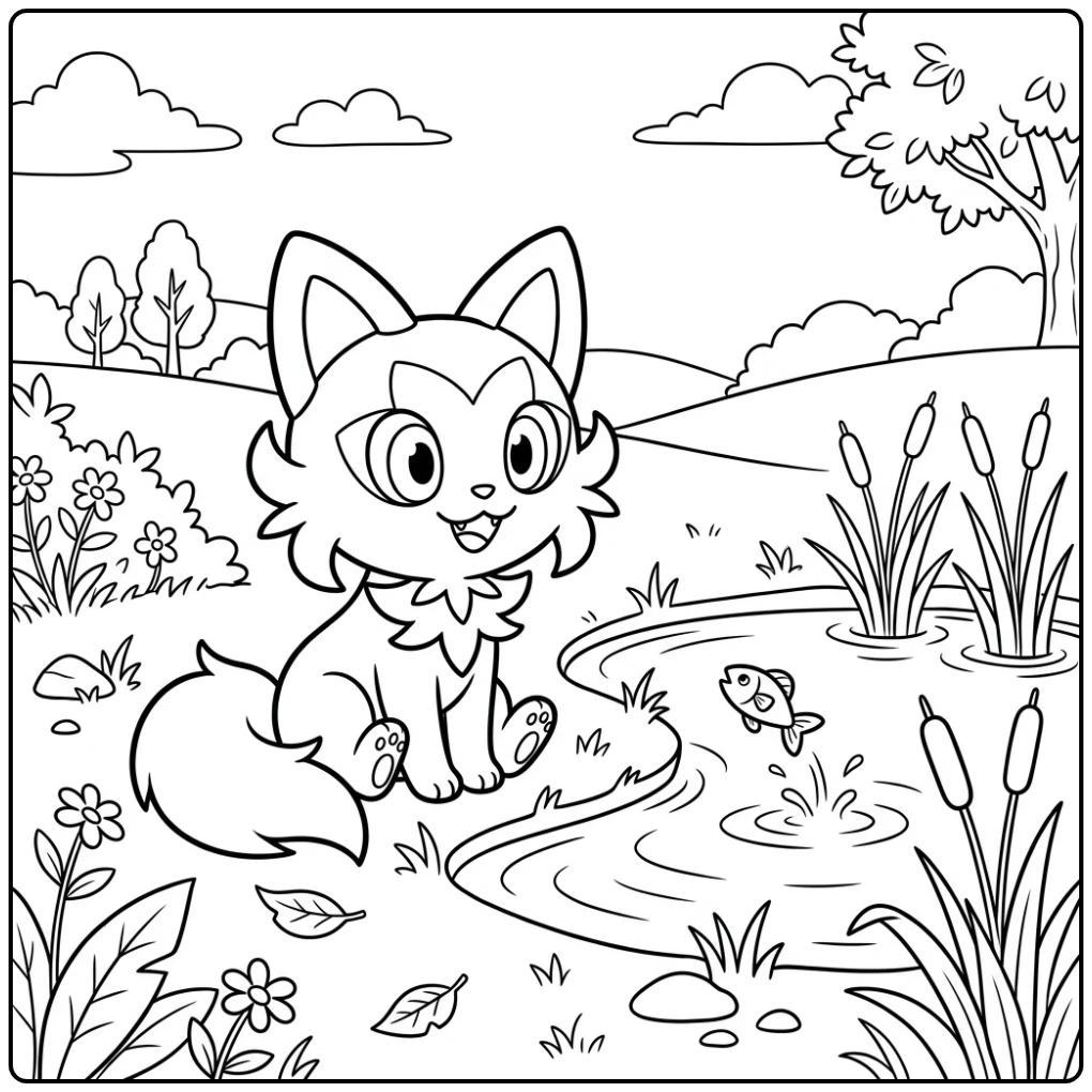 kleurplaat pokemon sprigatito: Sprigatito bij vijver met springende vis