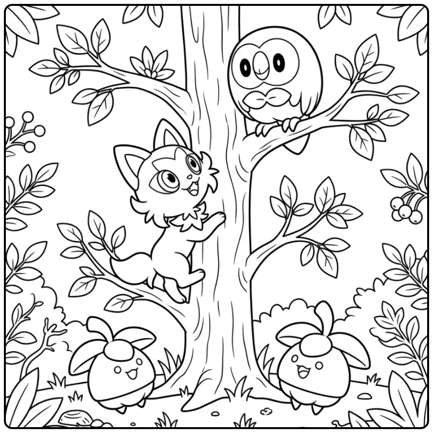 kleurplaat pokemon sprigatito klimt in boom, kijkt naar Rowlet en Bounsweet