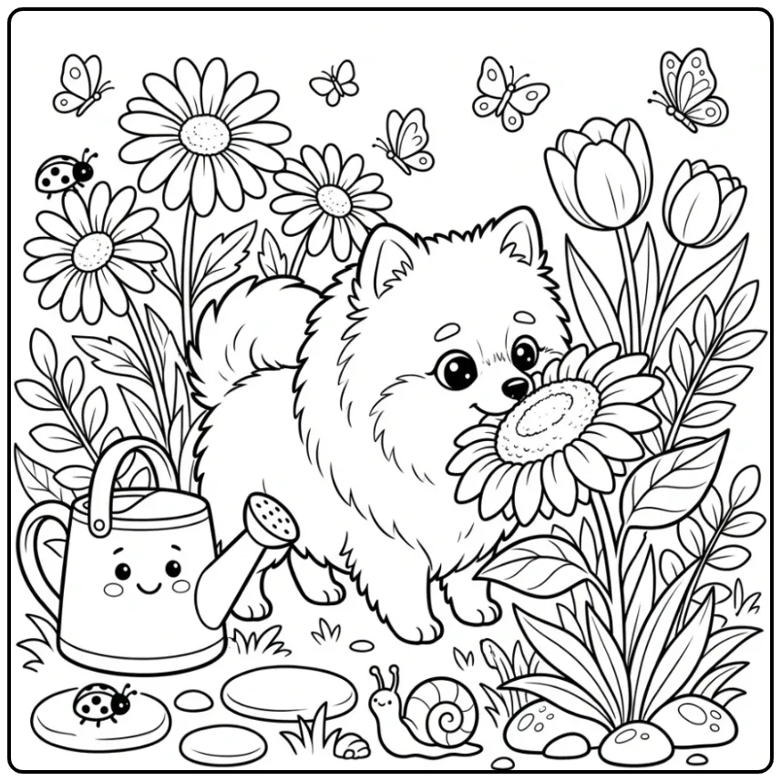 Schattige kleurplaat pomeriaan snuffelt in de bloementuin.