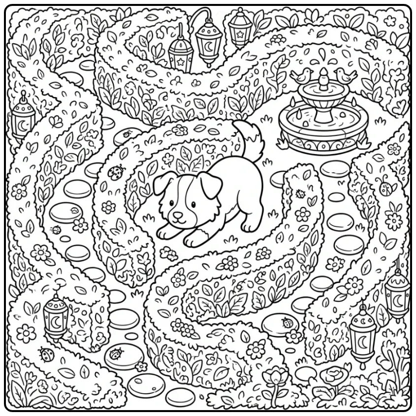 Gedetailleerde kleurplaat puppy moeilijk in een tuin.