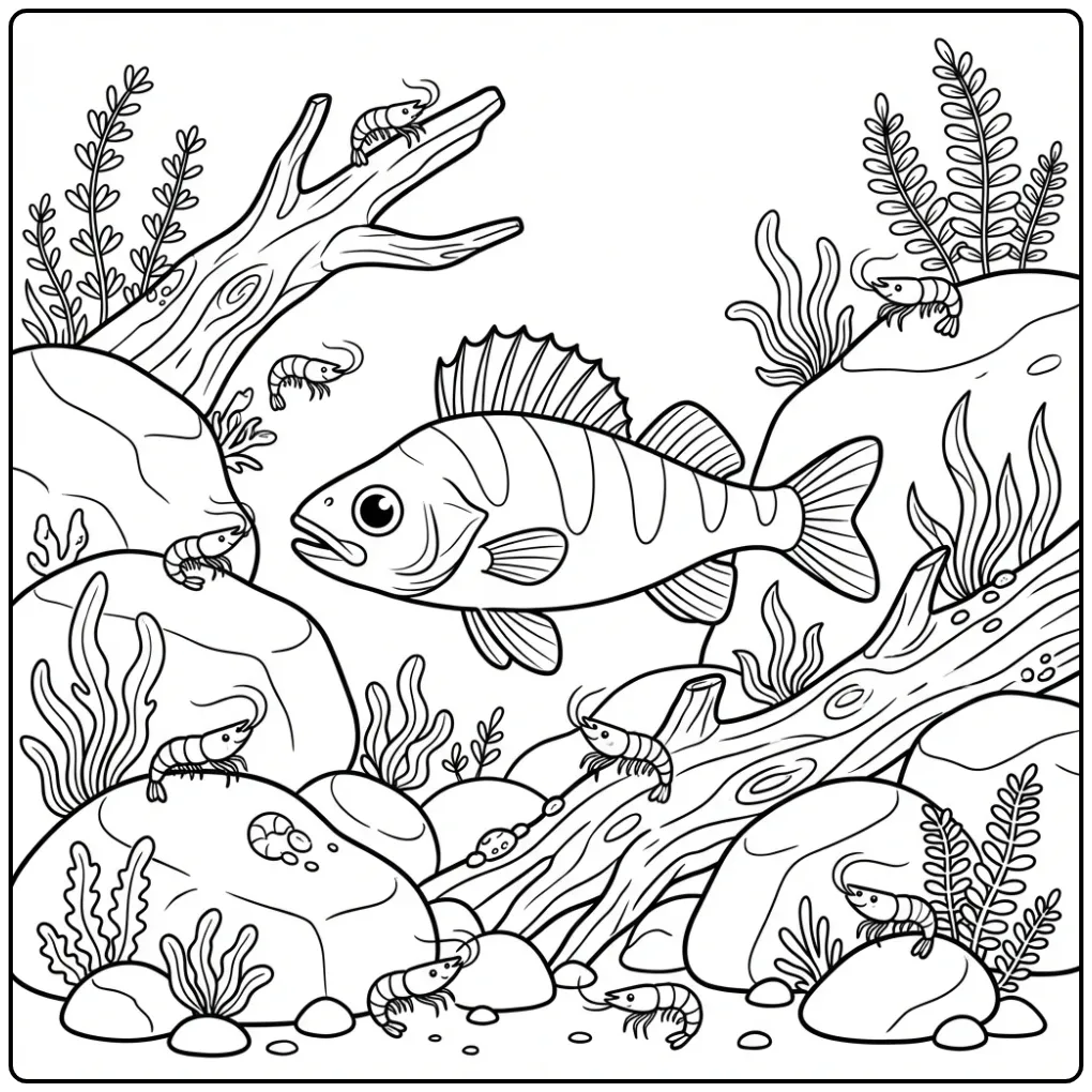 Een leuke kleurplaat snoekbaars zwemmend tussen de rotsen.