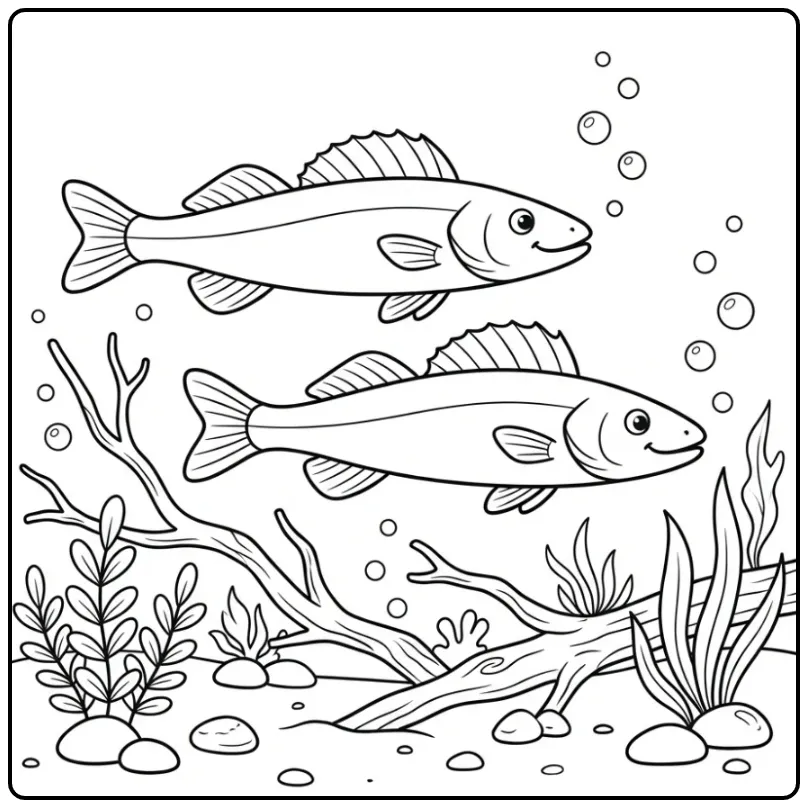 Schattige kleurplaat snoekbaars zwemmend bij waterplanten.