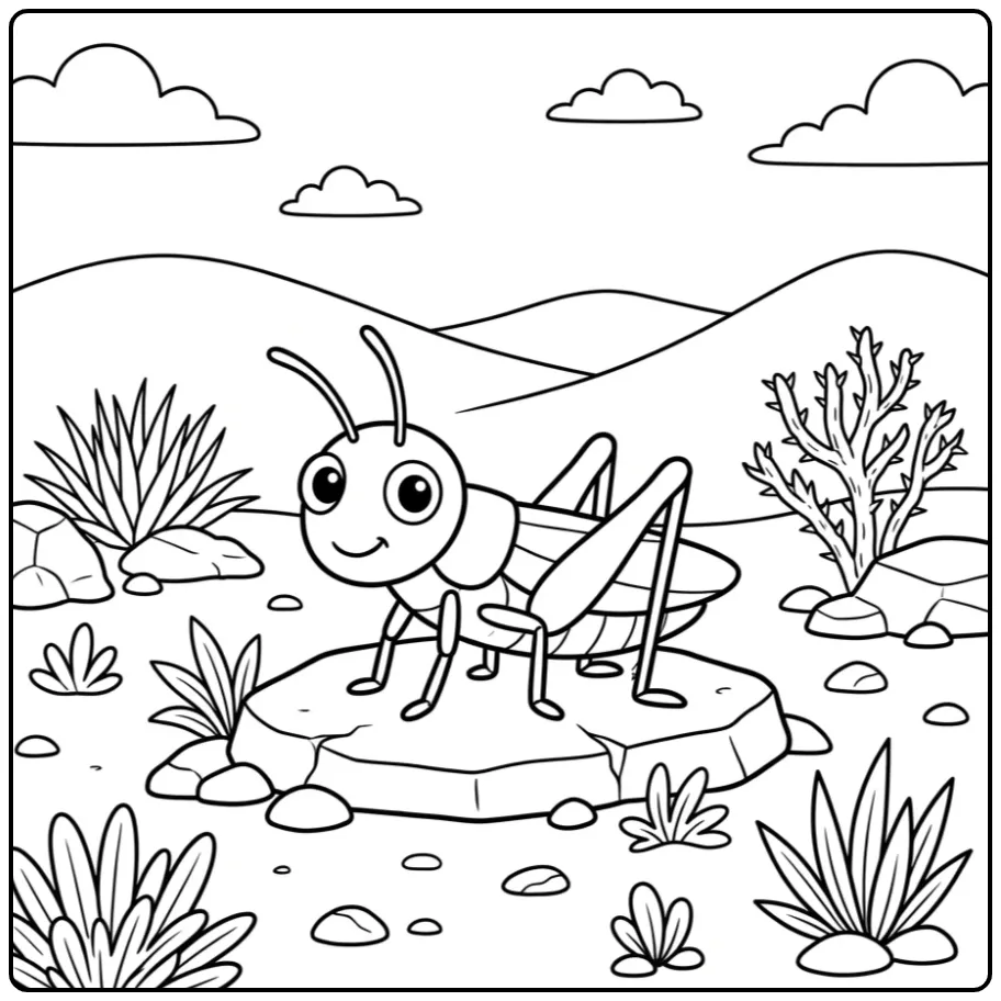 Een leuke kleurplaat sprinkhaan op een platte steen.