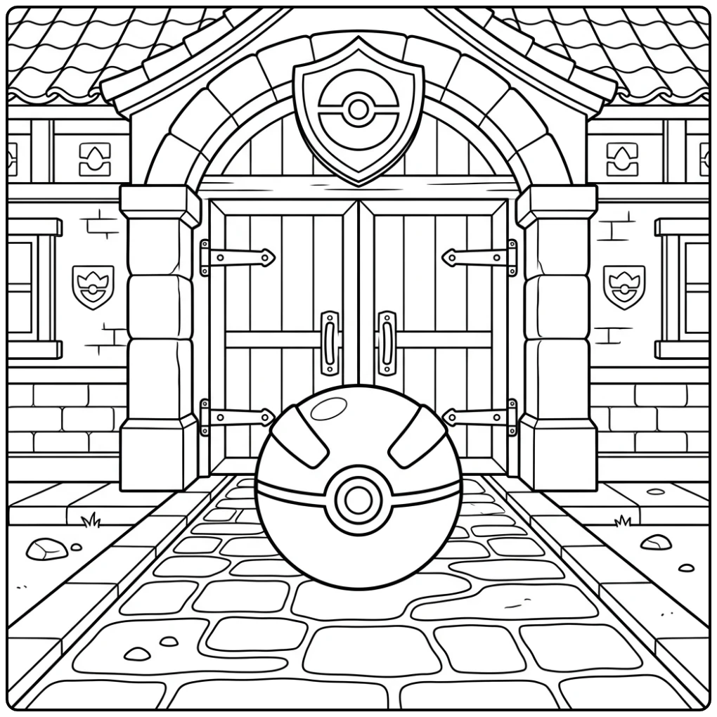 Een iconische pokemon bal kleurplaat bij de ingang van een gym