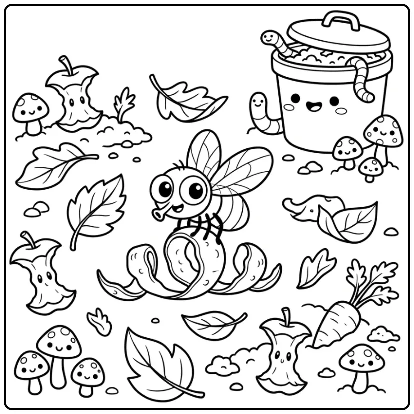 Een schattige kleurplaat vlieg op de composthoop in de tuin.