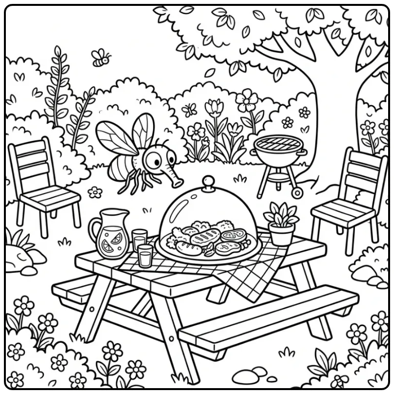 Een leuke kleurplaat vlieg bij een barbecue in de achtertuin.