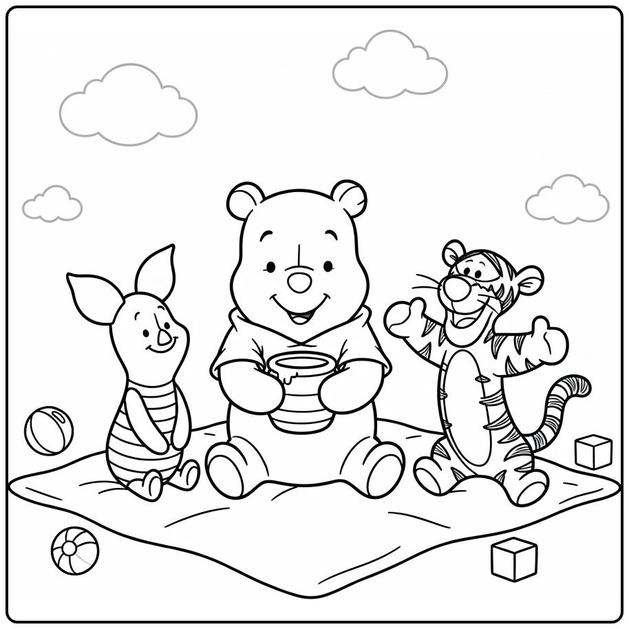 Kleurplaat winnie the pooh baby met honingpot, Piglet en Tigger