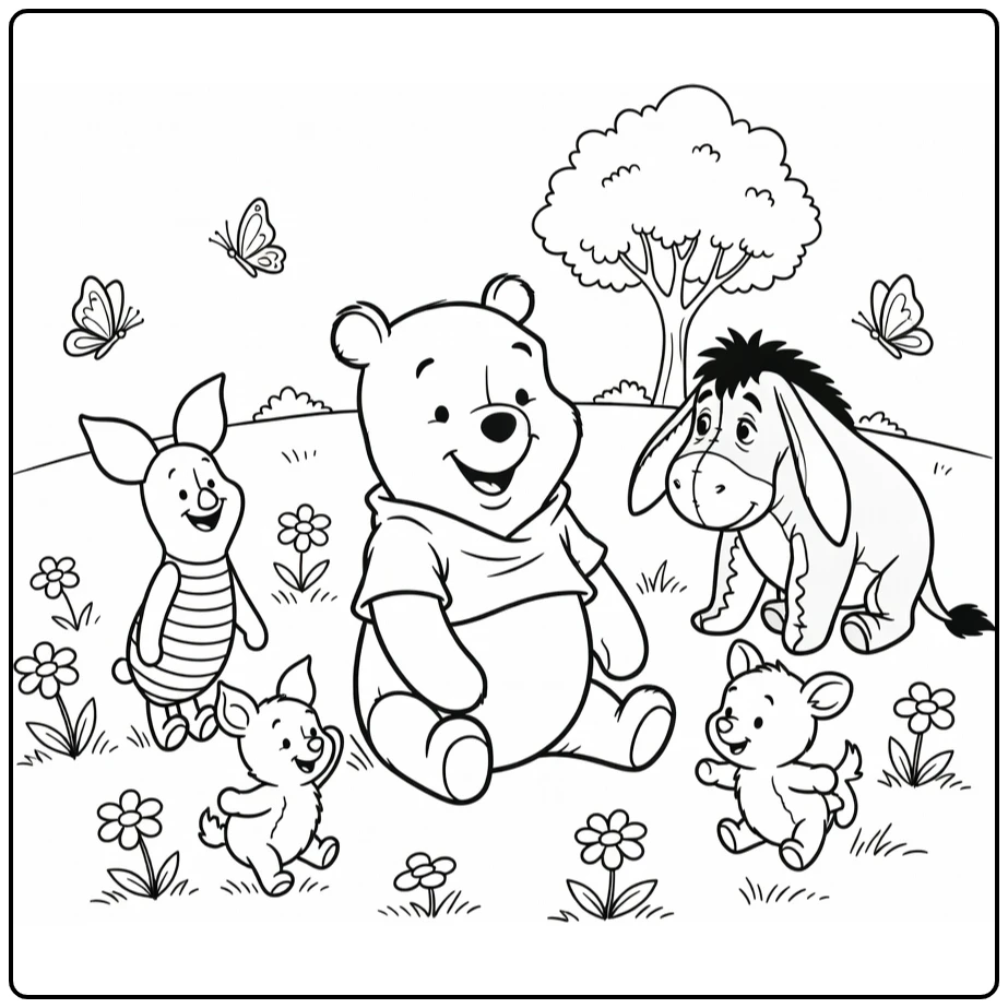 kleurplaat winnie the pooh baby met Piglet, Eeyore, Roo op gras