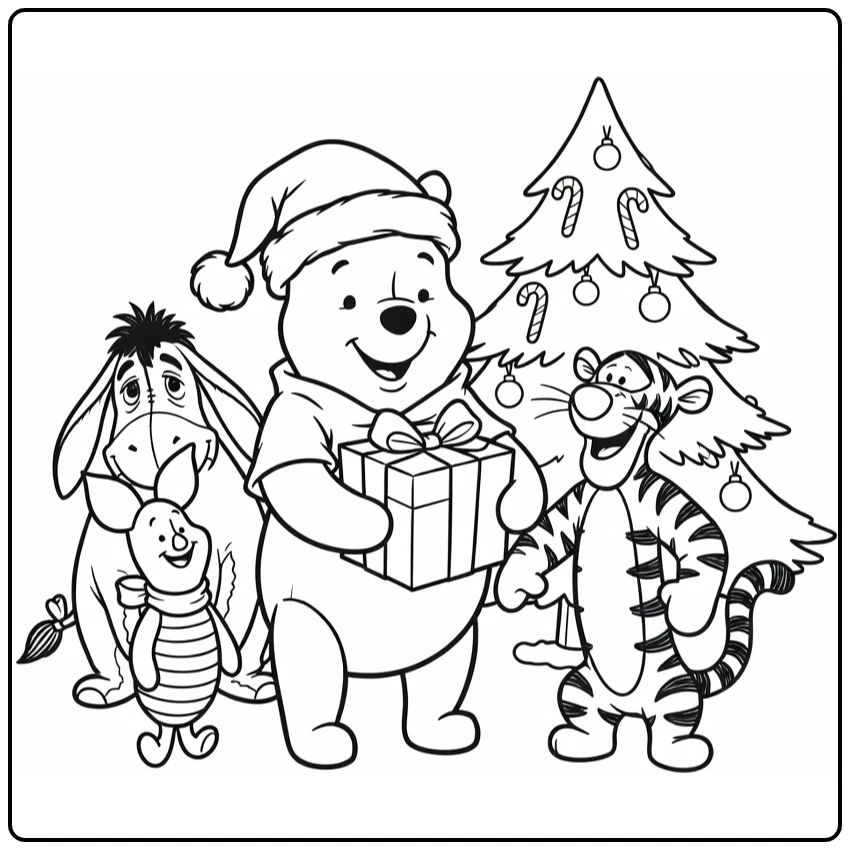 kleurplaat winnie the pooh kerst: Poeh met kerstmuts en cadeau