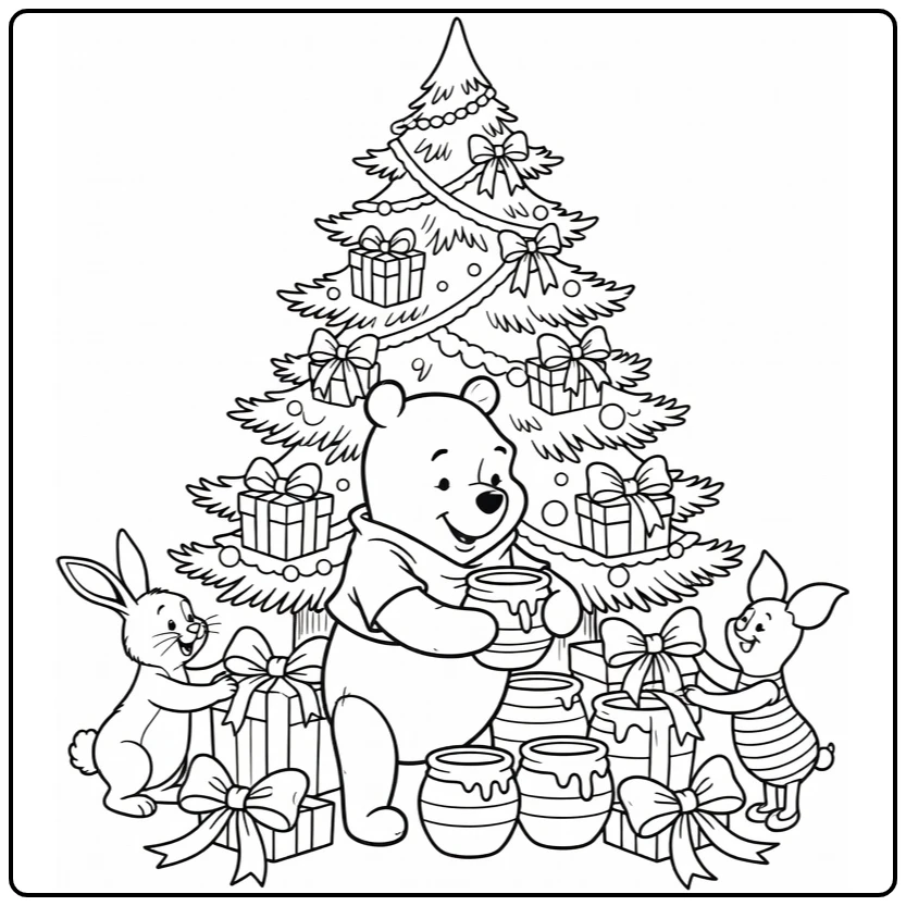Kleurplaat Winnie the Pooh Kerst: Pooh zet honingpot-cadeaus onder boom