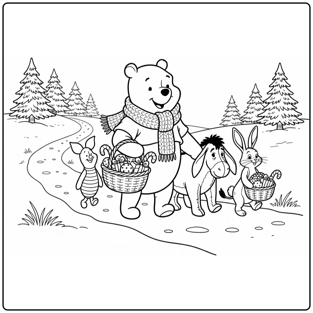 kleurplaat winnie the pooh kerst: Poeh met sjaal, mand traktaties, vrienden in sneeuwbos